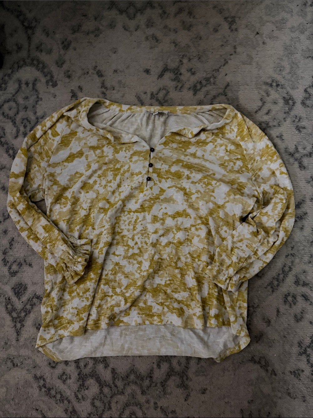 Rose & Olive Yellow and White Printed Henley Long Sleeve Top